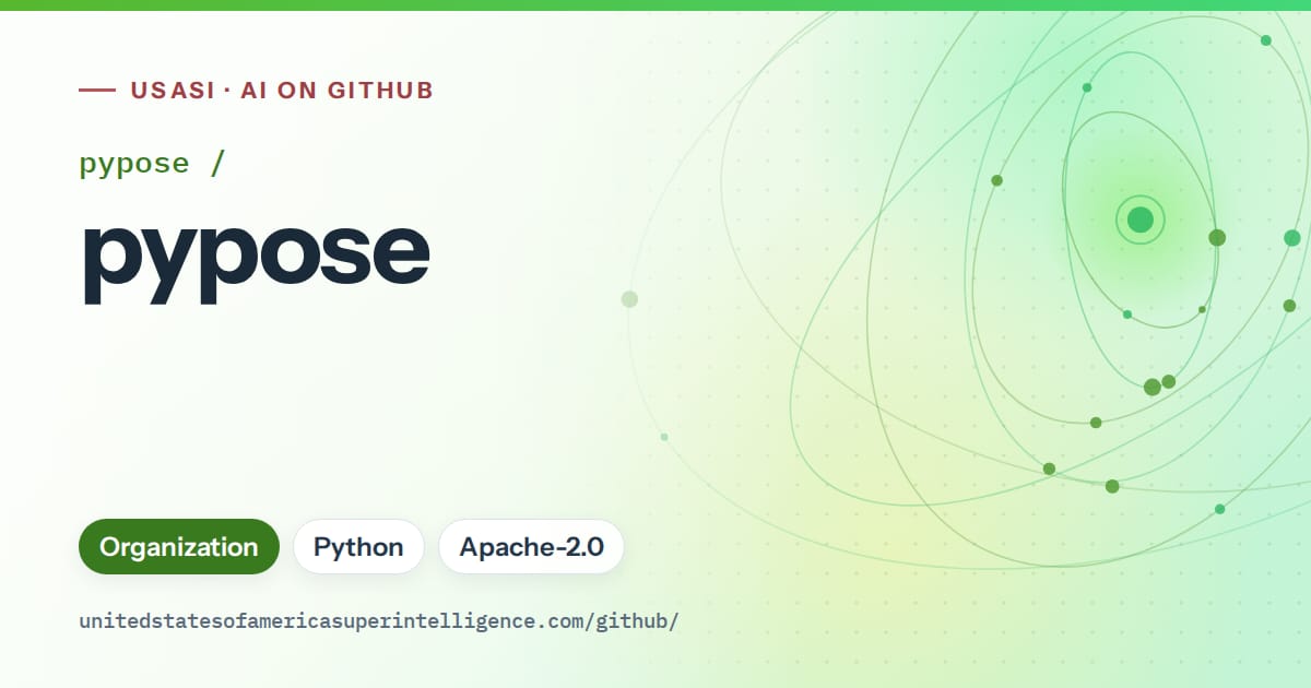 Generated green orbit artwork for pypose/pypose, labeled USASI · AI on GitHub, with Organization · Python · Apache-2.0.
