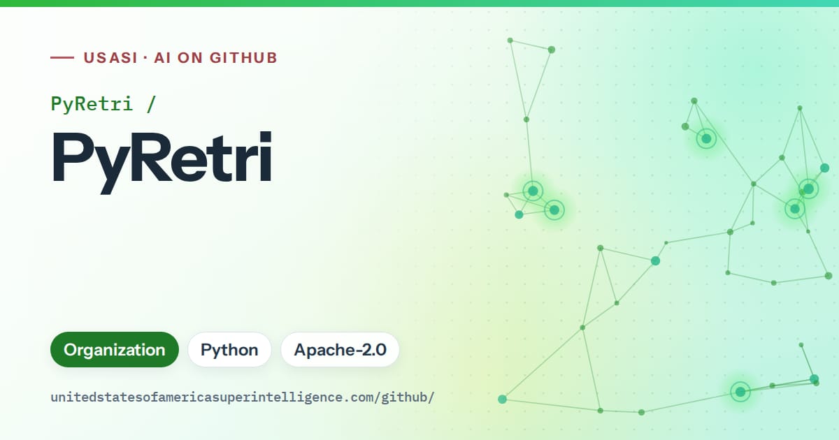 Generated green constellation network artwork for PyRetri/PyRetri, labeled USASI · AI on GitHub, with Organization · Python · Apache-2.0.