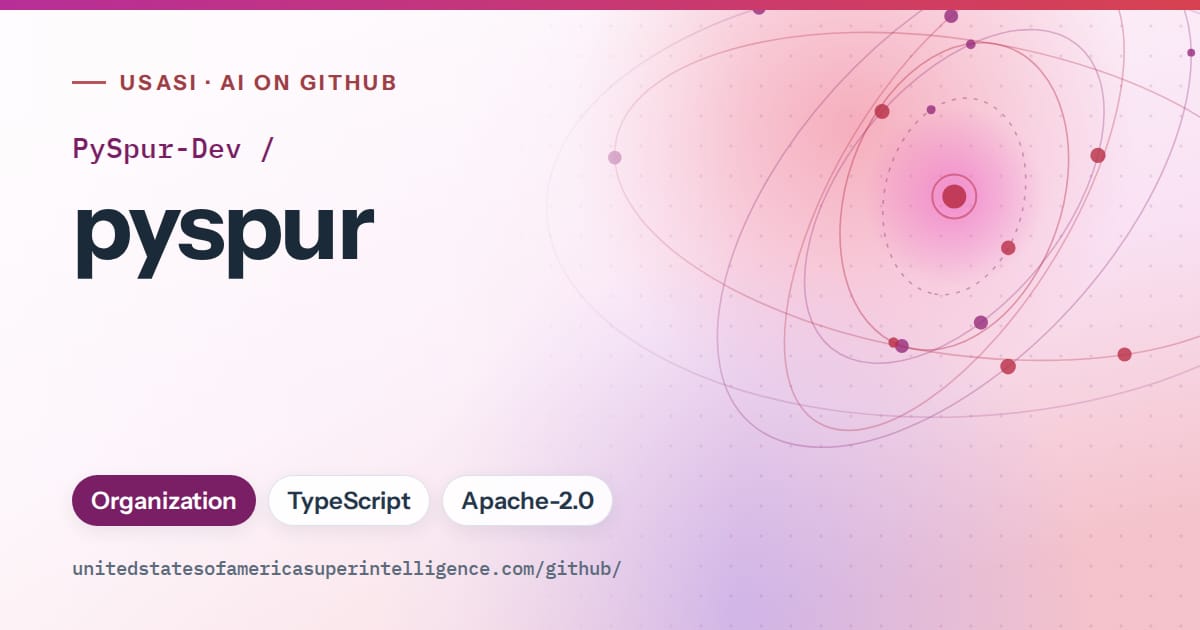 Generated purple orbit artwork for PySpur-Dev/pyspur, labeled USASI · AI on GitHub, with Organization · TypeScript · Apache-2.0.