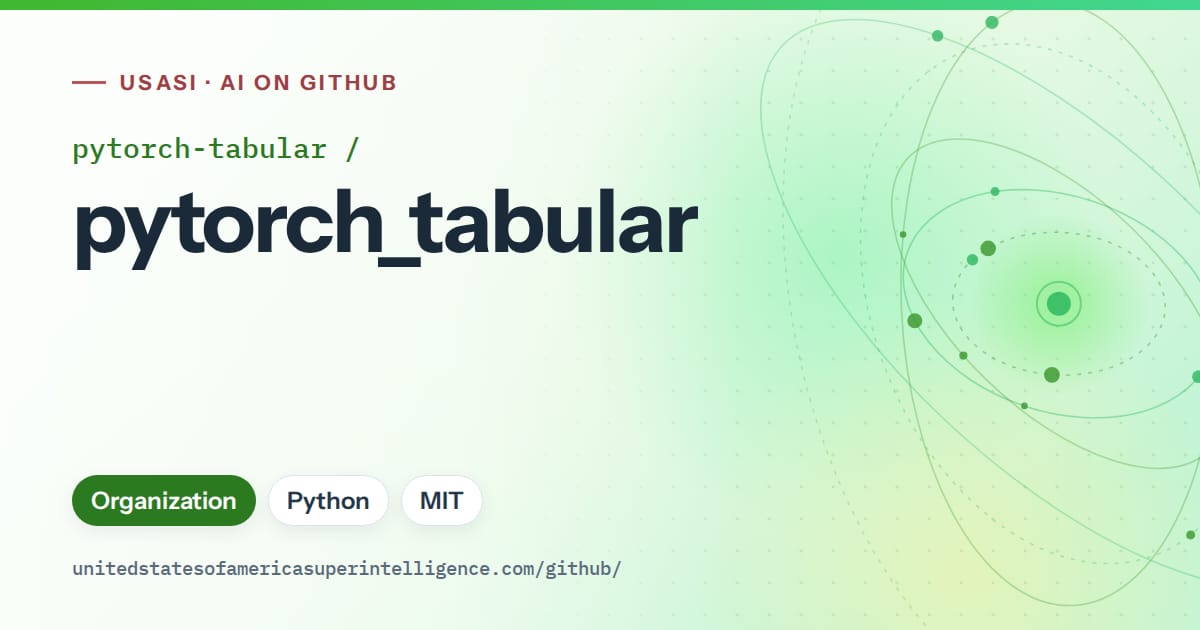 Generated green orbit artwork for pytorch-tabular/pytorch_tabular, labeled USASI · AI on GitHub, with Organization · Python · MIT.