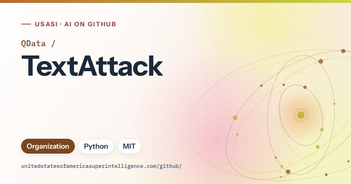 Generated orange orbit artwork for QData/TextAttack, labeled USASI · AI on GitHub, with Organization · Python · MIT.