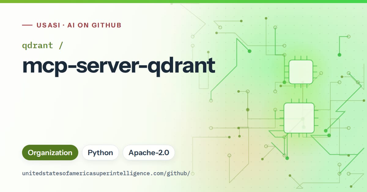 Generated green circuit-trace artwork for qdrant/mcp-server-qdrant, labeled USASI · AI on GitHub, with Organization · Python · Apache-2.0.