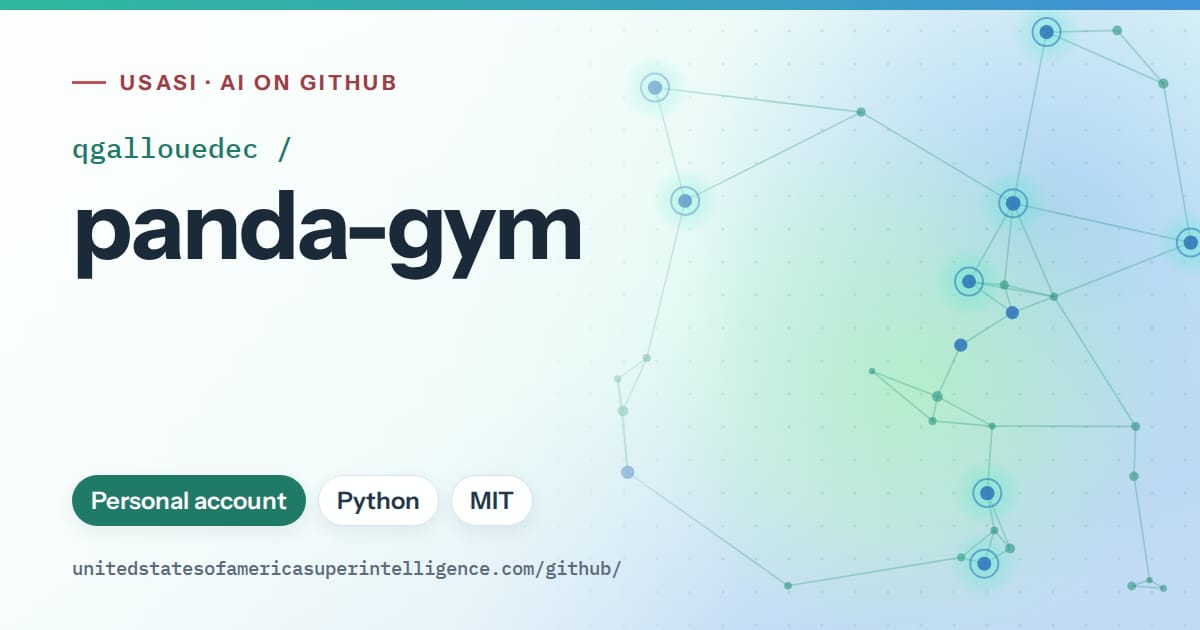 Generated teal constellation network artwork for qgallouedec/panda-gym, labeled USASI · AI on GitHub, with Personal account · Python · MIT.