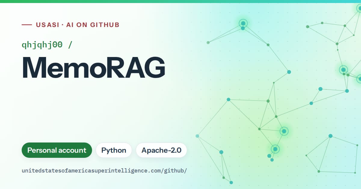 Generated green constellation network artwork for qhjqhj00/MemoRAG, labeled USASI · AI on GitHub, with Personal account · Python · Apache-2.0.