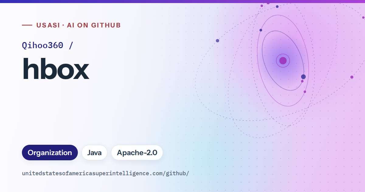 Generated blue orbit artwork for Qihoo360/hbox, labeled USASI · AI on GitHub, with Organization · Java · Apache-2.0.