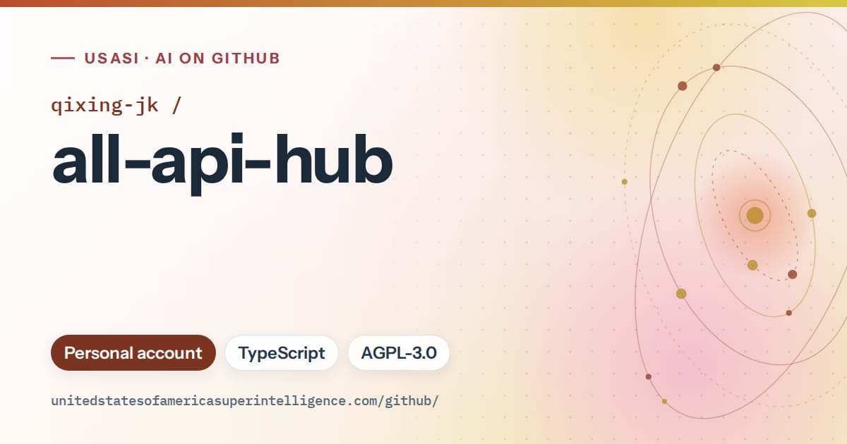 Generated red orbit artwork for qixing-jk/all-api-hub, labeled USASI · AI on GitHub, with Personal account · TypeScript · AGPL-3.0.