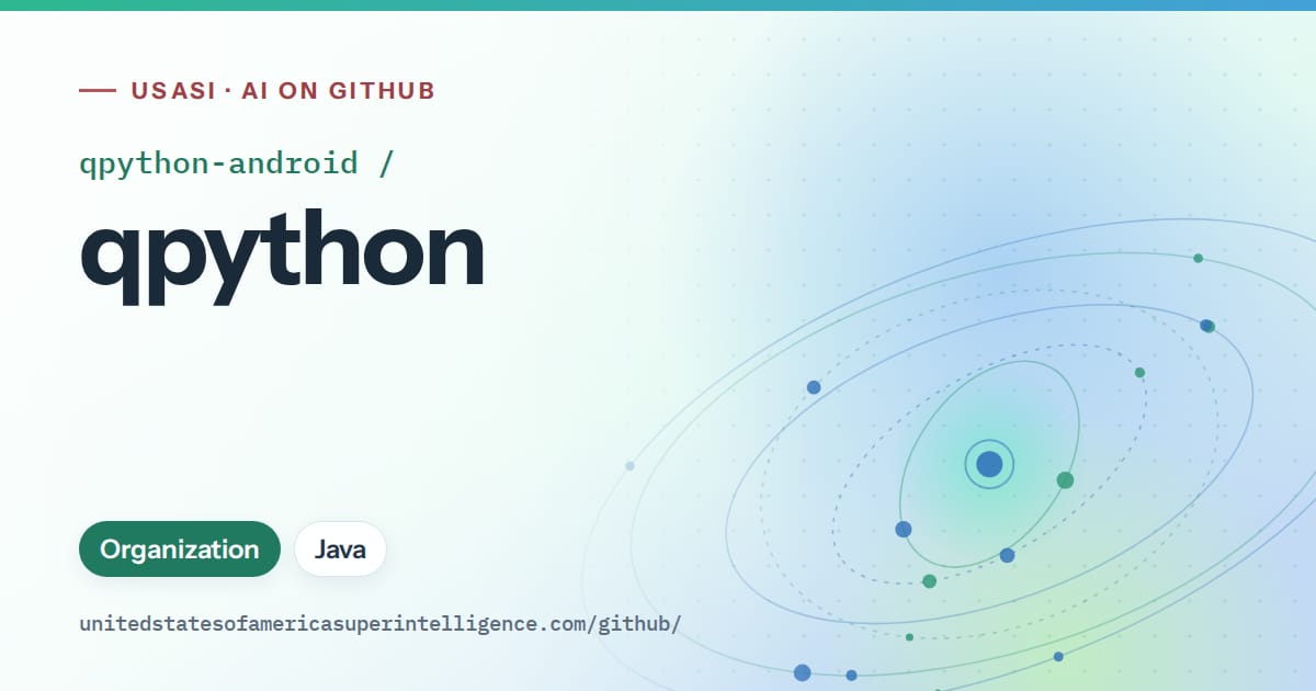 Generated teal orbit artwork for qpython-android/qpython, labeled USASI · AI on GitHub, with Organization · Java.