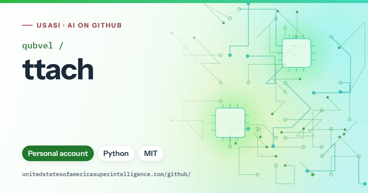 Generated green circuit-trace artwork for qubvel/ttach, labeled USASI · AI on GitHub, with Personal account · Python · MIT.