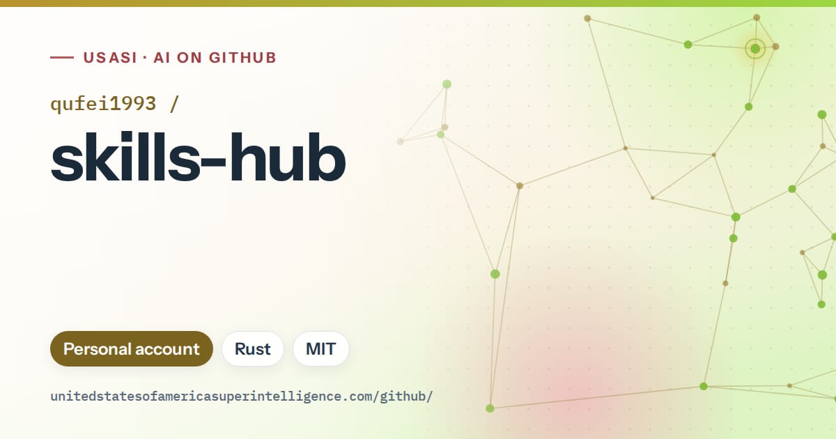 Generated orange constellation network artwork for qufei1993/skills-hub, labeled USASI · AI on GitHub, with Personal account · Rust · MIT.