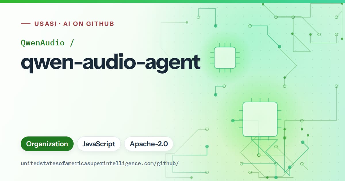 Generated green circuit-trace artwork for QwenAudio/qwen-audio-agent, labeled USASI · AI on GitHub, with Organization · JavaScript · Apache-2.0.
