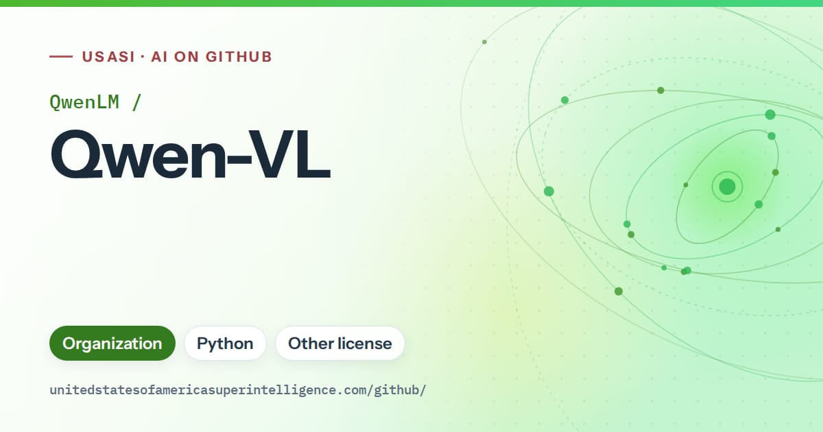 Generated green orbit artwork for QwenLM/Qwen-VL, labeled USASI · AI on GitHub, with Organization · Python · Other license.