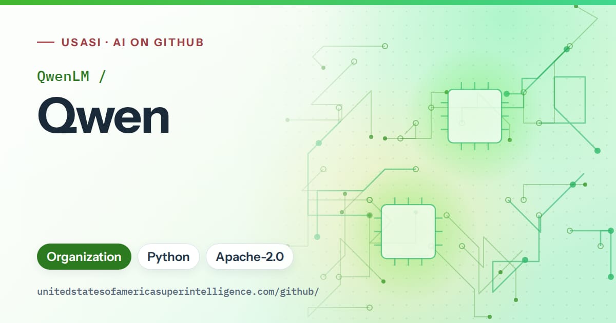 Generated green circuit-trace artwork for QwenLM/Qwen, labeled USASI · AI on GitHub, with Organization · Python · Apache-2.0.