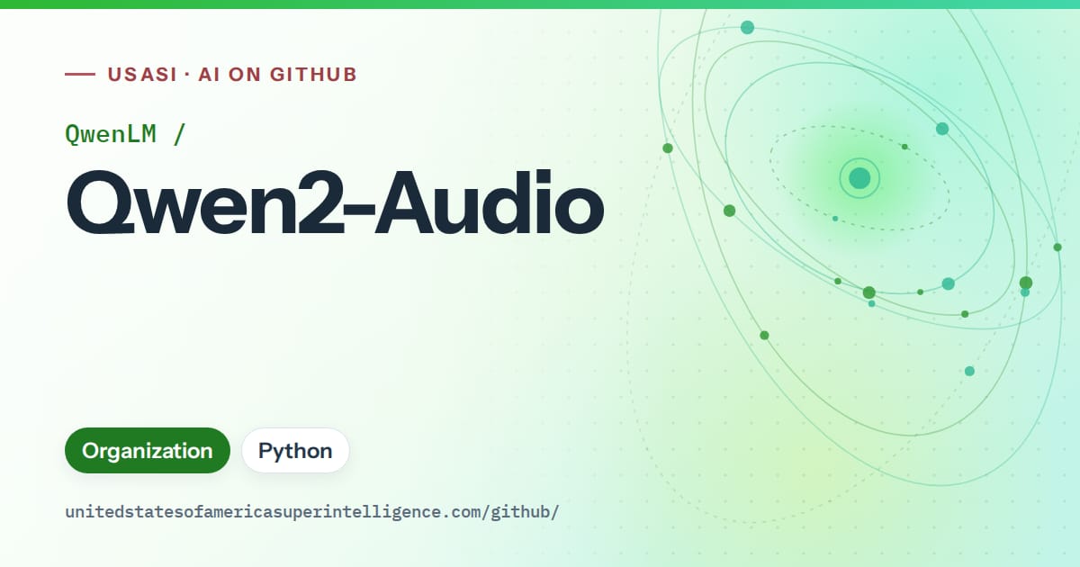 Generated green orbit artwork for QwenLM/Qwen2-Audio, labeled USASI · AI on GitHub, with Organization · Python.