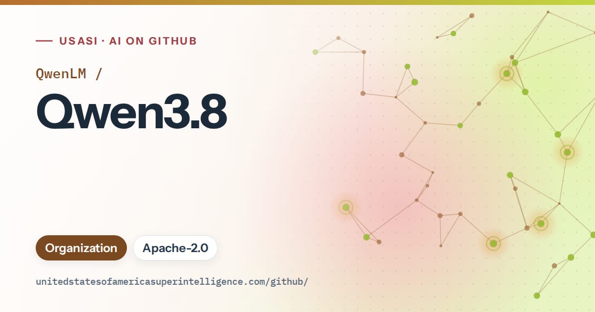 Generated orange constellation network artwork for QwenLM/Qwen3.8, labeled USASI · AI on GitHub, with Organization · Apache-2.0.