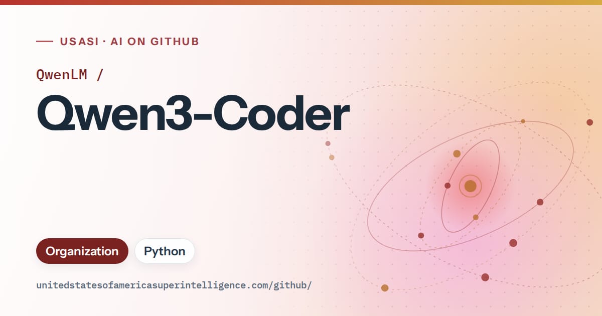 Generated red orbit artwork for QwenLM/Qwen3-Coder, labeled USASI · AI on GitHub, with Organization · Python.