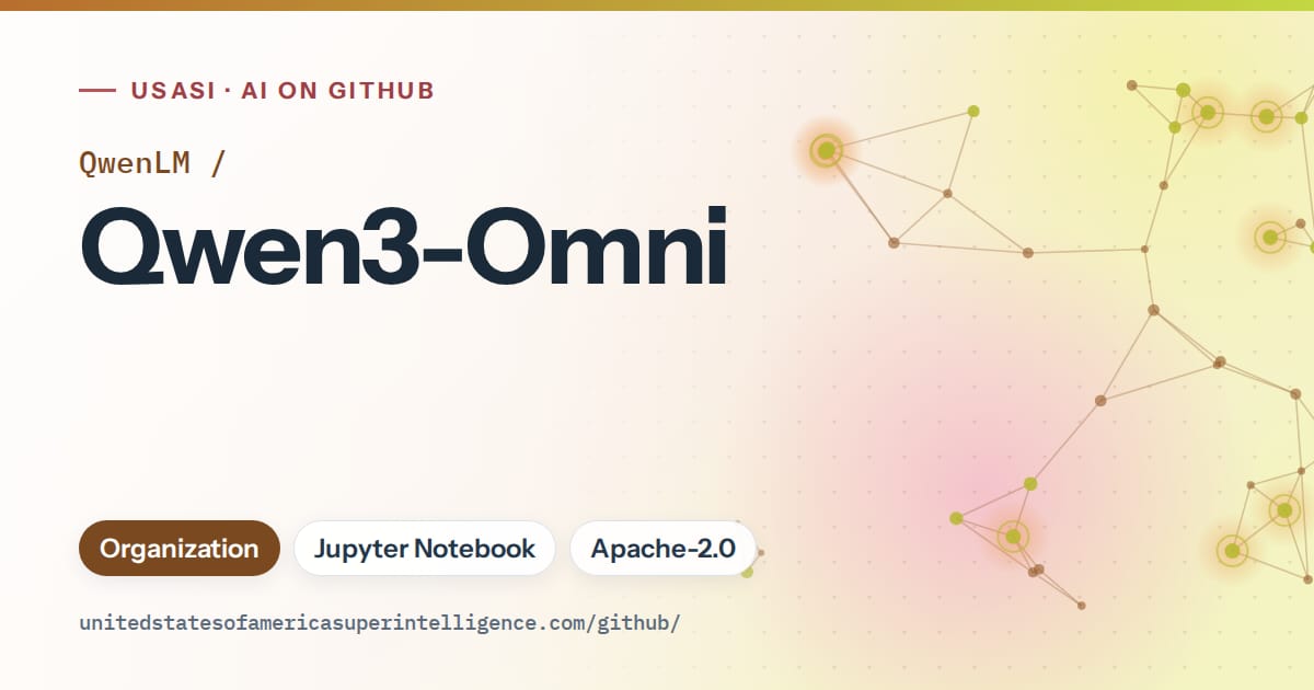 Generated orange constellation network artwork for QwenLM/Qwen3-Omni, labeled USASI · AI on GitHub, with Organization · Jupyter Notebook · Apache-2.0.