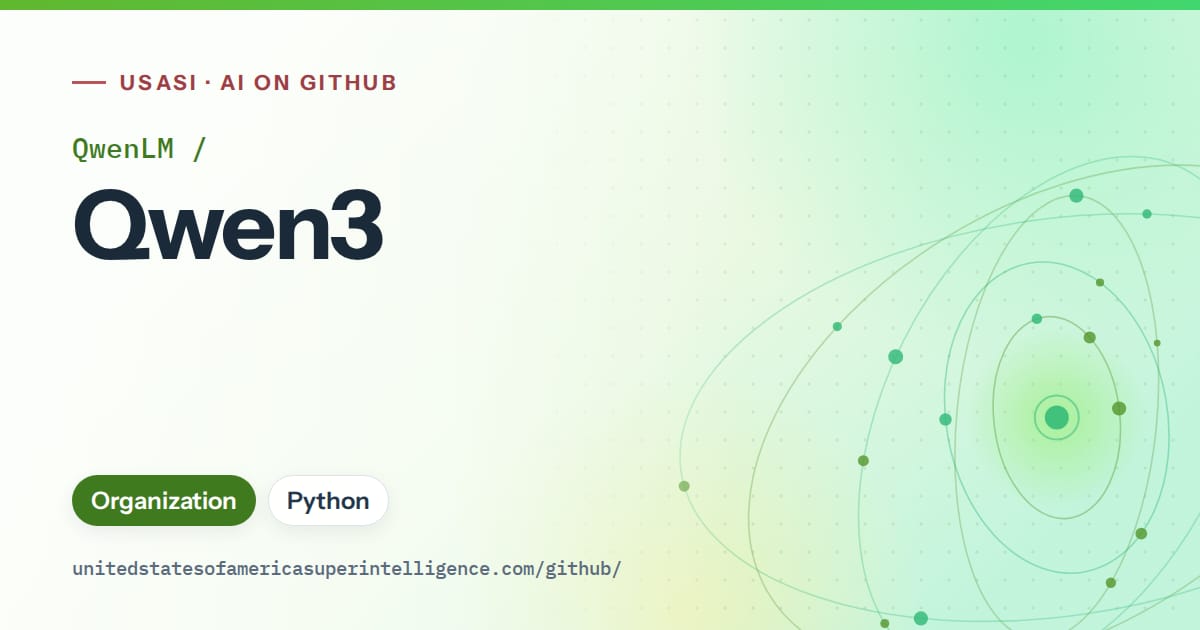 Generated green orbit artwork for QwenLM/Qwen3, labeled USASI · AI on GitHub, with Organization · Python.