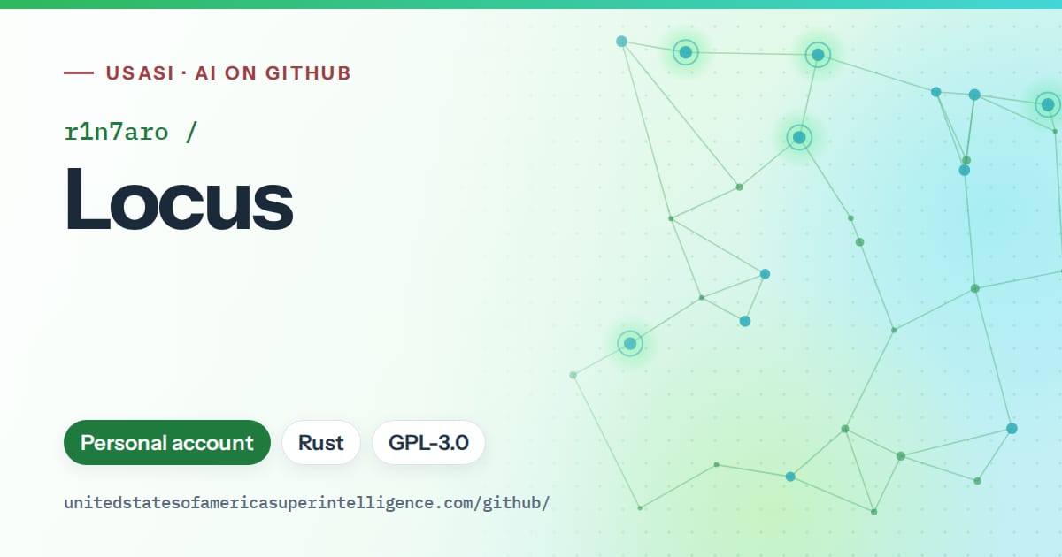 Generated green constellation network artwork for r1n7aro/Locus, labeled USASI · AI on GitHub, with Personal account · Rust · GPL-3.0.