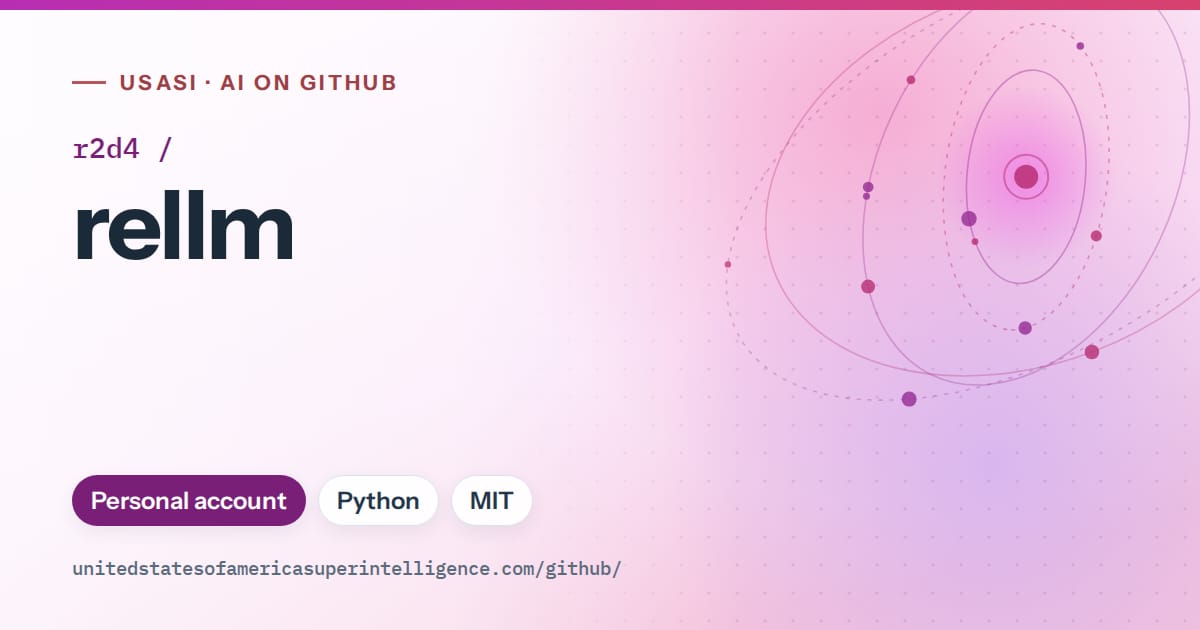 Generated purple orbit artwork for r2d4/rellm, labeled USASI · AI on GitHub, with Personal account · Python · MIT.