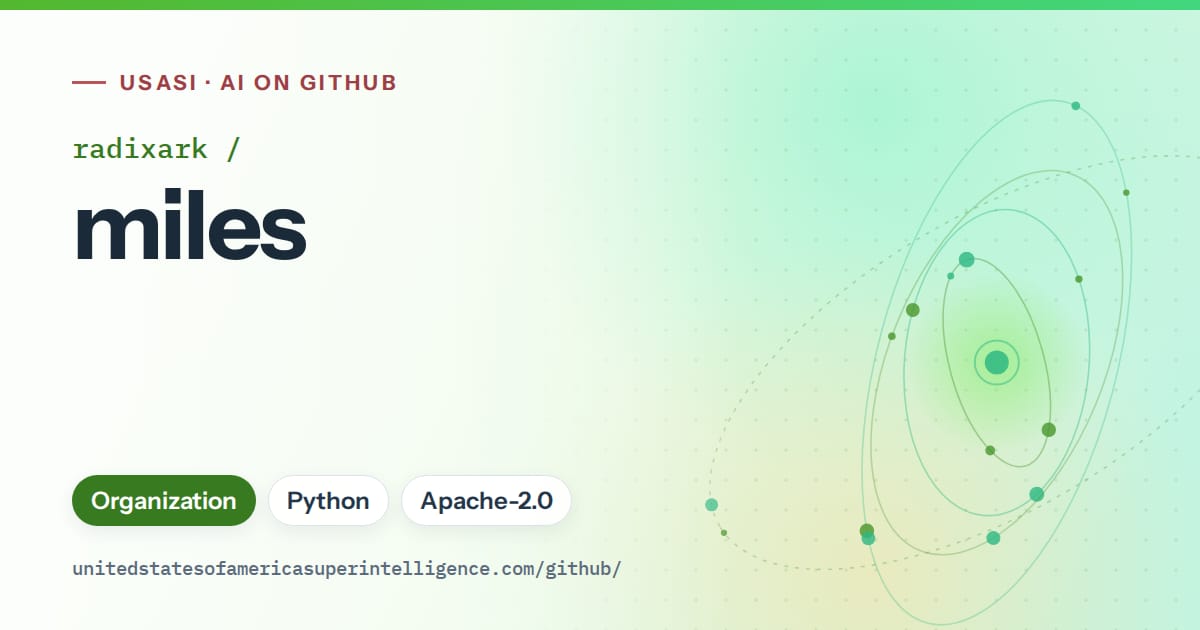 Generated green orbit artwork for radixark/miles, labeled USASI · AI on GitHub, with Organization · Python · Apache-2.0.