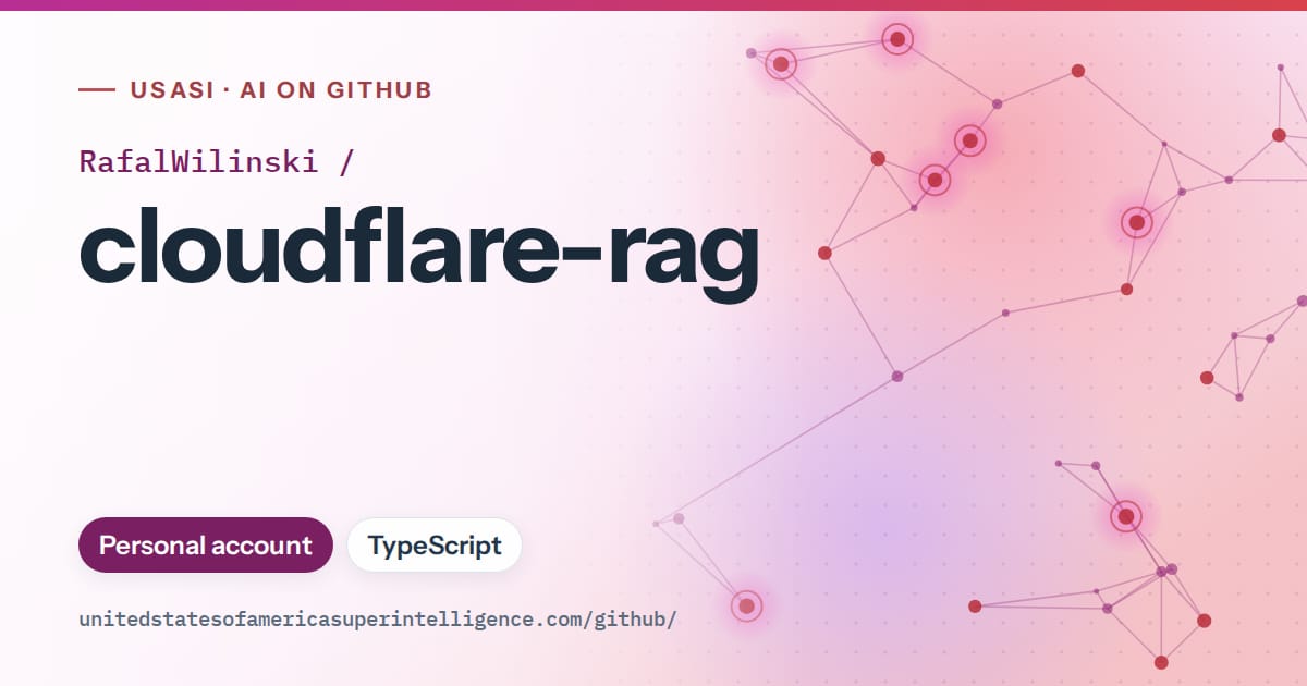 Generated purple constellation network artwork for RafalWilinski/cloudflare-rag, labeled USASI · AI on GitHub, with Personal account · TypeScript.