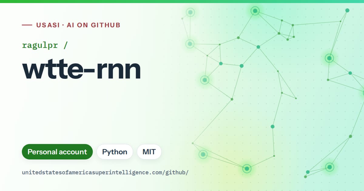 Generated green constellation network artwork for ragulpr/wtte-rnn, labeled USASI · AI on GitHub, with Personal account · Python · MIT.