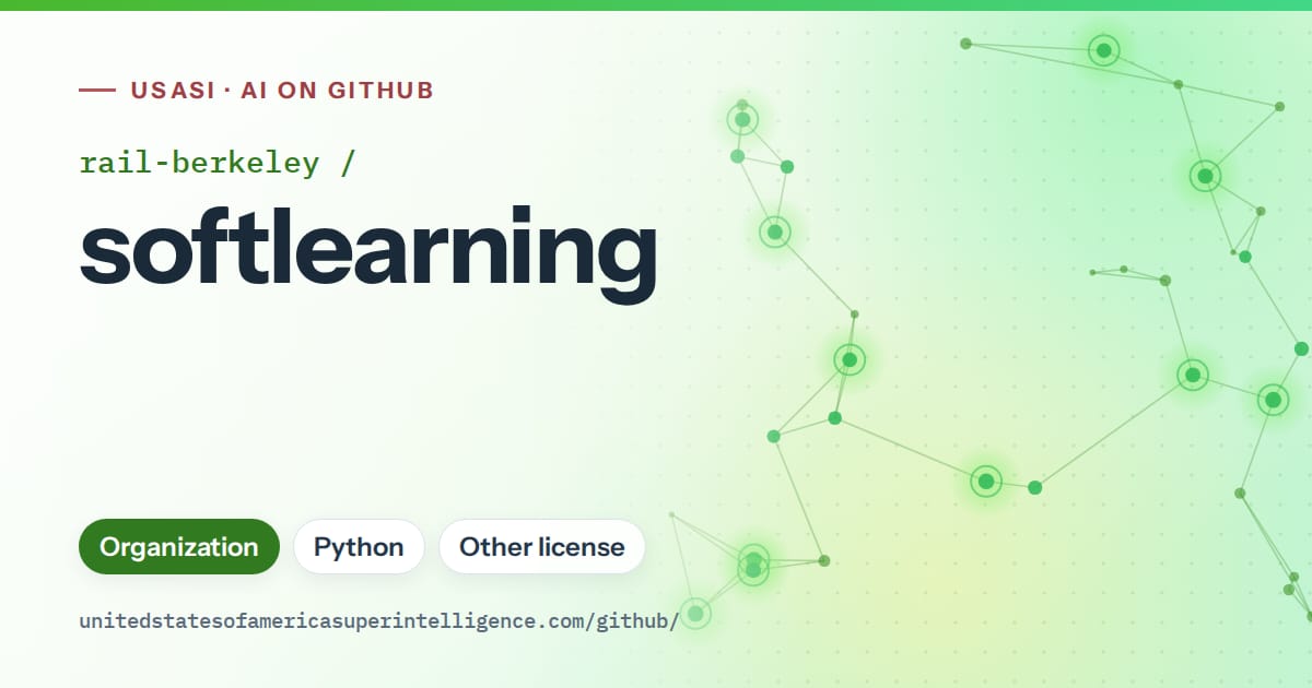 Generated green constellation network artwork for rail-berkeley/softlearning, labeled USASI · AI on GitHub, with Organization · Python · Other license.