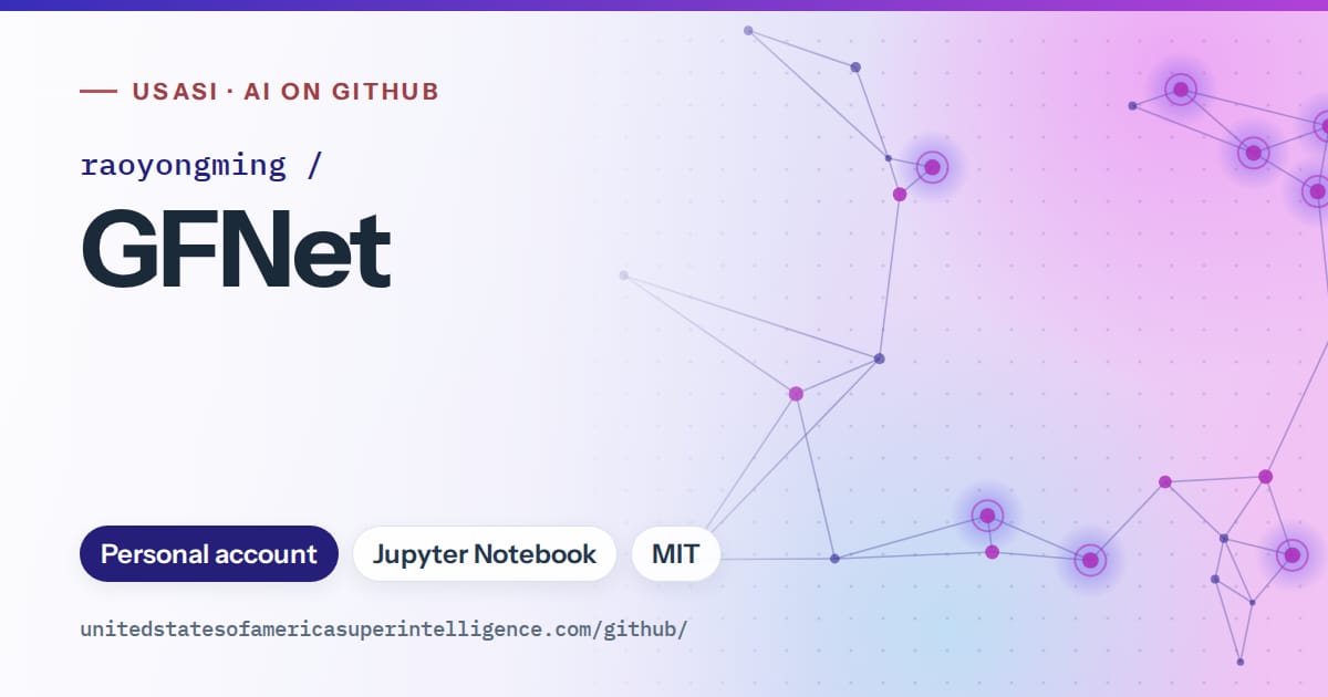 Generated blue constellation network artwork for raoyongming/GFNet, labeled USASI · AI on GitHub, with Personal account · Jupyter Notebook · MIT.