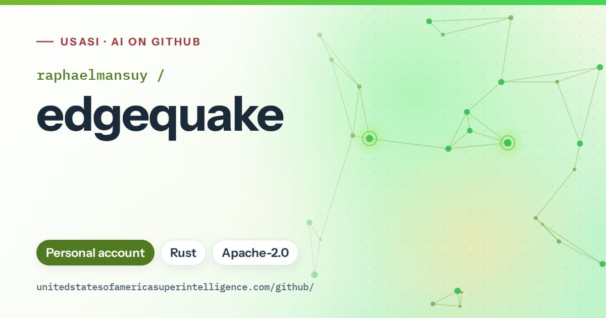 Generated green constellation network artwork for raphaelmansuy/edgequake, labeled USASI · AI on GitHub, with Personal account · Rust · Apache-2.0.