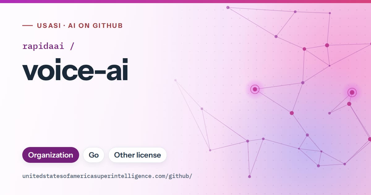 Generated purple constellation network artwork for rapidaai/voice-ai, labeled USASI · AI on GitHub, with Organization · Go · Other license.