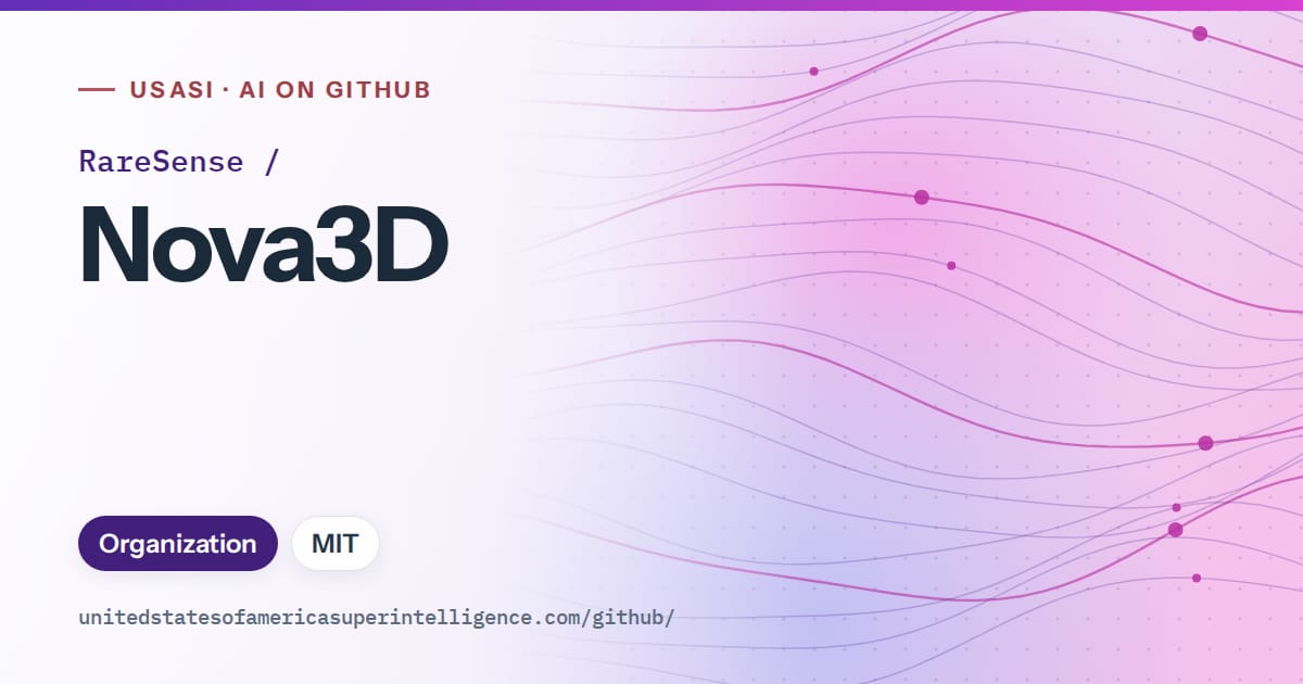 Generated violet flowing-wave artwork for RareSense/Nova3D, labeled USASI · AI on GitHub, with Organization · MIT.