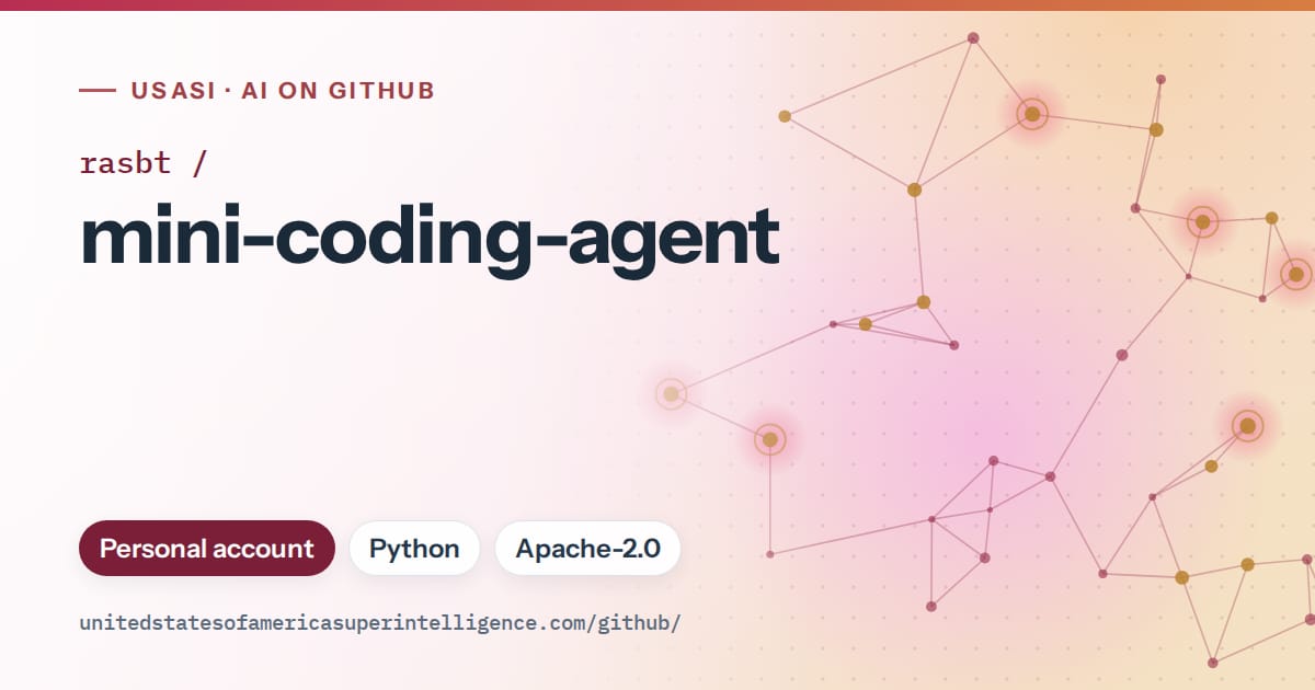 Generated pink constellation network artwork for rasbt/mini-coding-agent, labeled USASI · AI on GitHub, with Personal account · Python · Apache-2.0.