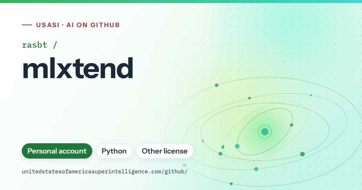 Generated green orbit artwork for rasbt/mlxtend, labeled USASI · AI on GitHub, with Personal account · Python · Other license.