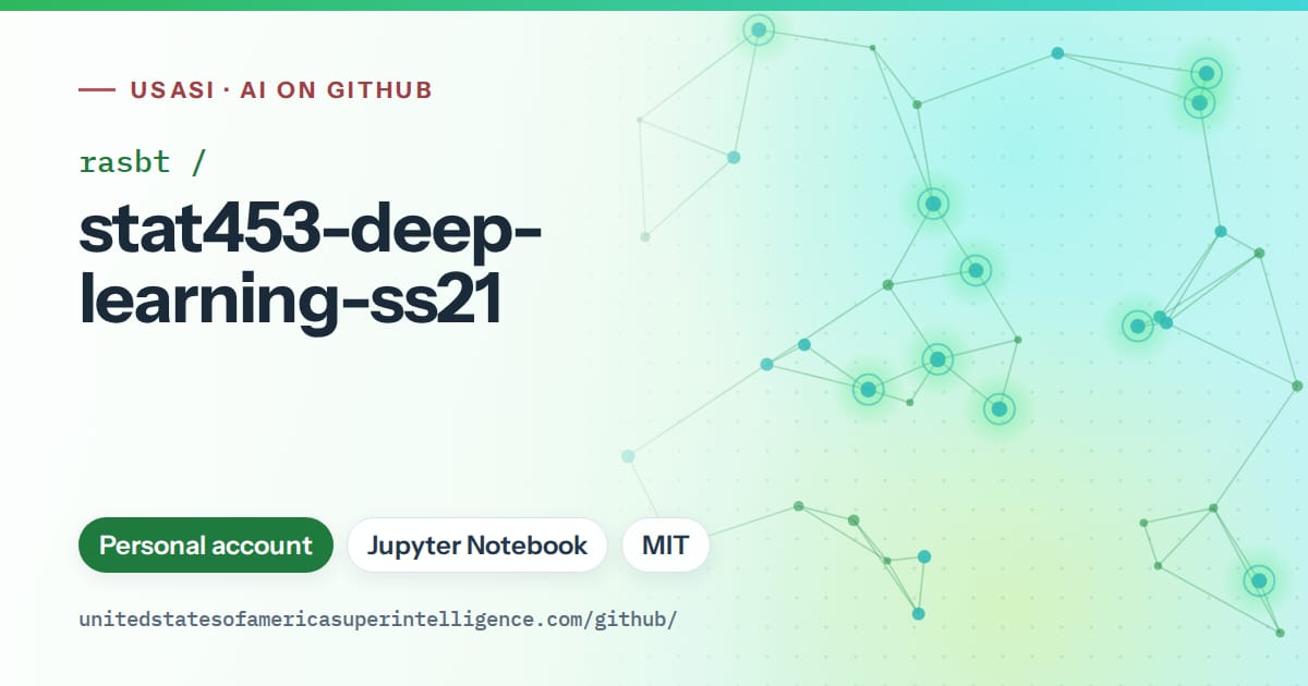Generated green constellation network artwork for rasbt/stat453-deep-learning-ss21, labeled USASI · AI on GitHub, with Personal account · Jupyter Notebook · MIT.
