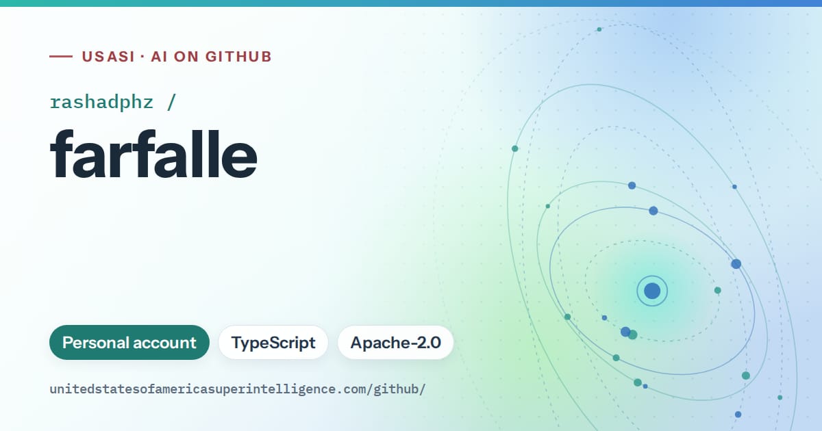 Generated teal orbit artwork for rashadphz/farfalle, labeled USASI · AI on GitHub, with Personal account · TypeScript · Apache-2.0.