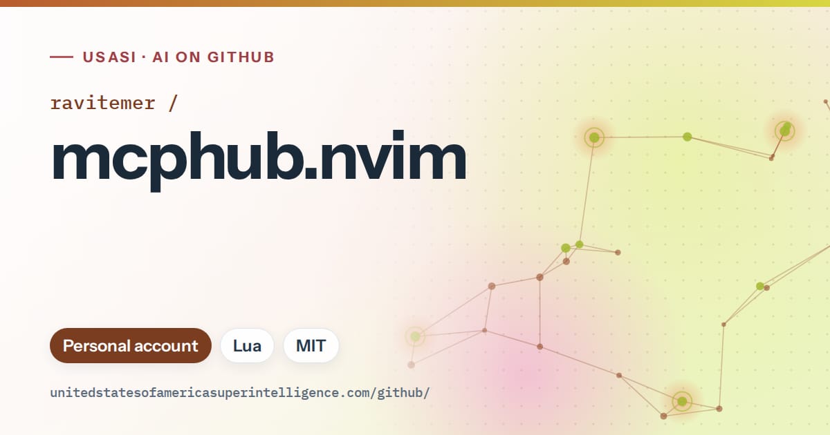 Generated orange constellation network artwork for ravitemer/mcphub.nvim, labeled USASI · AI on GitHub, with Personal account · Lua · MIT.