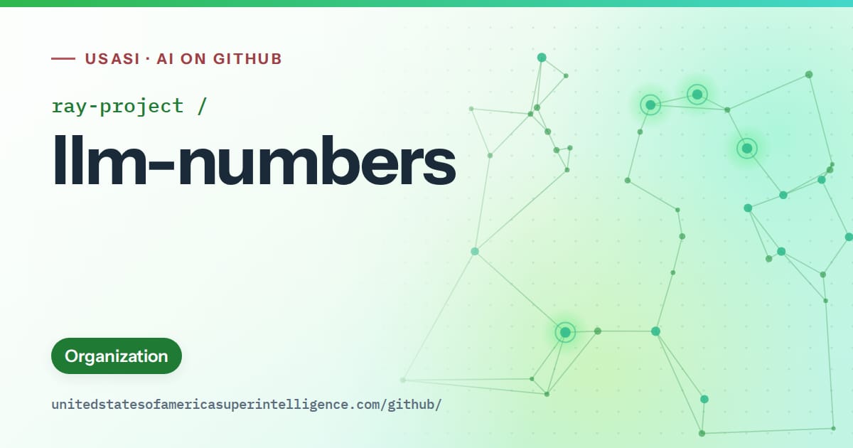 Generated green constellation network artwork for ray-project/llm-numbers, labeled USASI · AI on GitHub, with Organization.