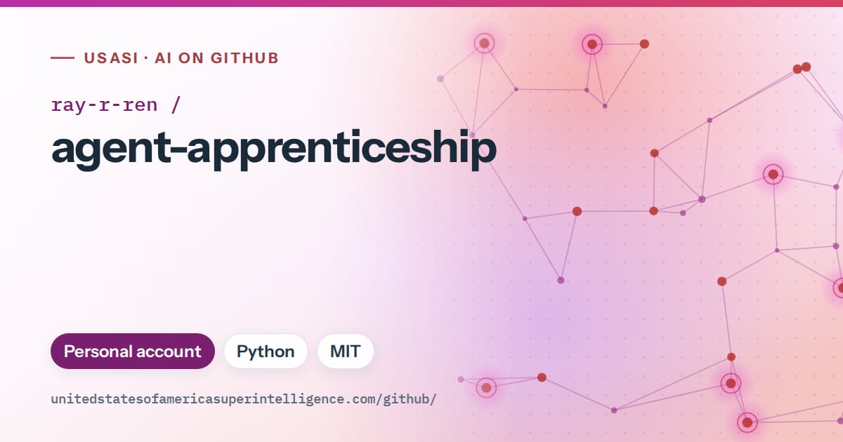 Generated purple constellation network artwork for ray-r-ren/agent-apprenticeship, labeled USASI · AI on GitHub, with Personal account · Python · MIT.