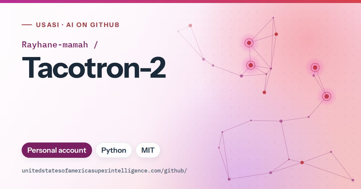 Generated purple constellation network artwork for Rayhane-mamah/Tacotron-2, labeled USASI · AI on GitHub, with Personal account · Python · MIT.