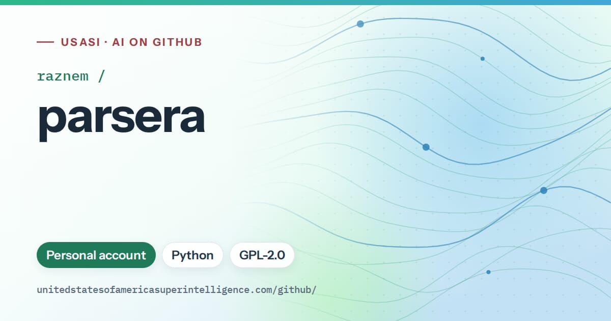 Generated teal flowing-wave artwork for raznem/parsera, labeled USASI · AI on GitHub, with Personal account · Python · GPL-2.0.