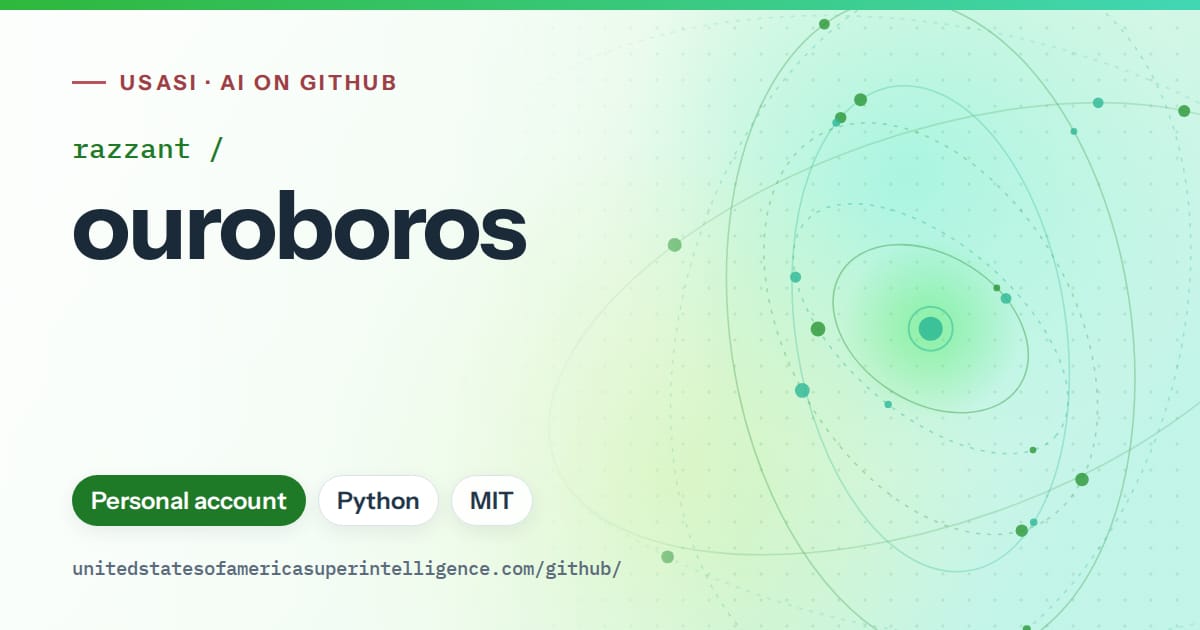Generated green orbit artwork for razzant/ouroboros, labeled USASI · AI on GitHub, with Personal account · Python · MIT.