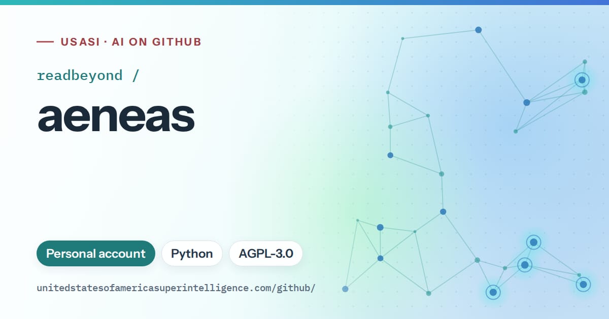 Generated teal constellation network artwork for readbeyond/aeneas, labeled USASI · AI on GitHub, with Personal account · Python · AGPL-3.0.