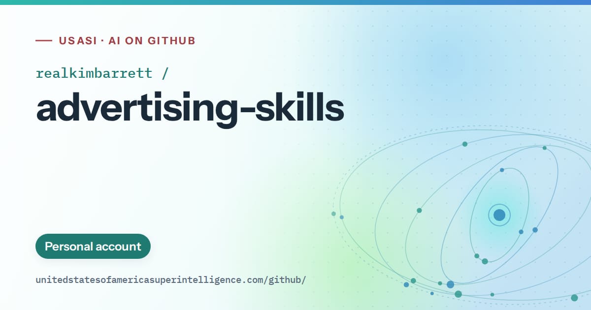 Generated teal orbit artwork for realkimbarrett/advertising-skills, labeled USASI · AI on GitHub, with Personal account.