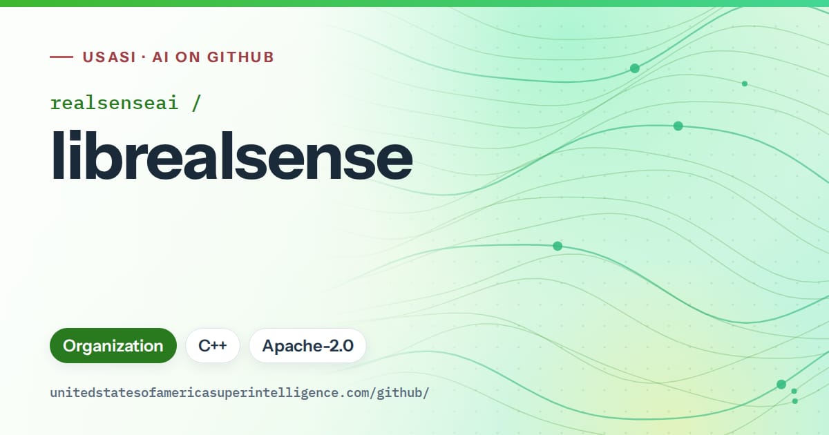 Generated green flowing-wave artwork for realsenseai/librealsense, labeled USASI · AI on GitHub, with Organization · C++ · Apache-2.0.