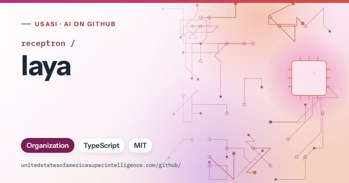Generated pink circuit-trace artwork for receptron/laya, labeled USASI · AI on GitHub, with Organization · TypeScript · MIT.