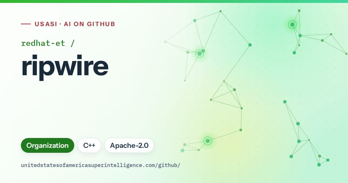 Generated green constellation network artwork for redhat-et/ripwire, labeled USASI · AI on GitHub, with Organization · C++ · Apache-2.0.
