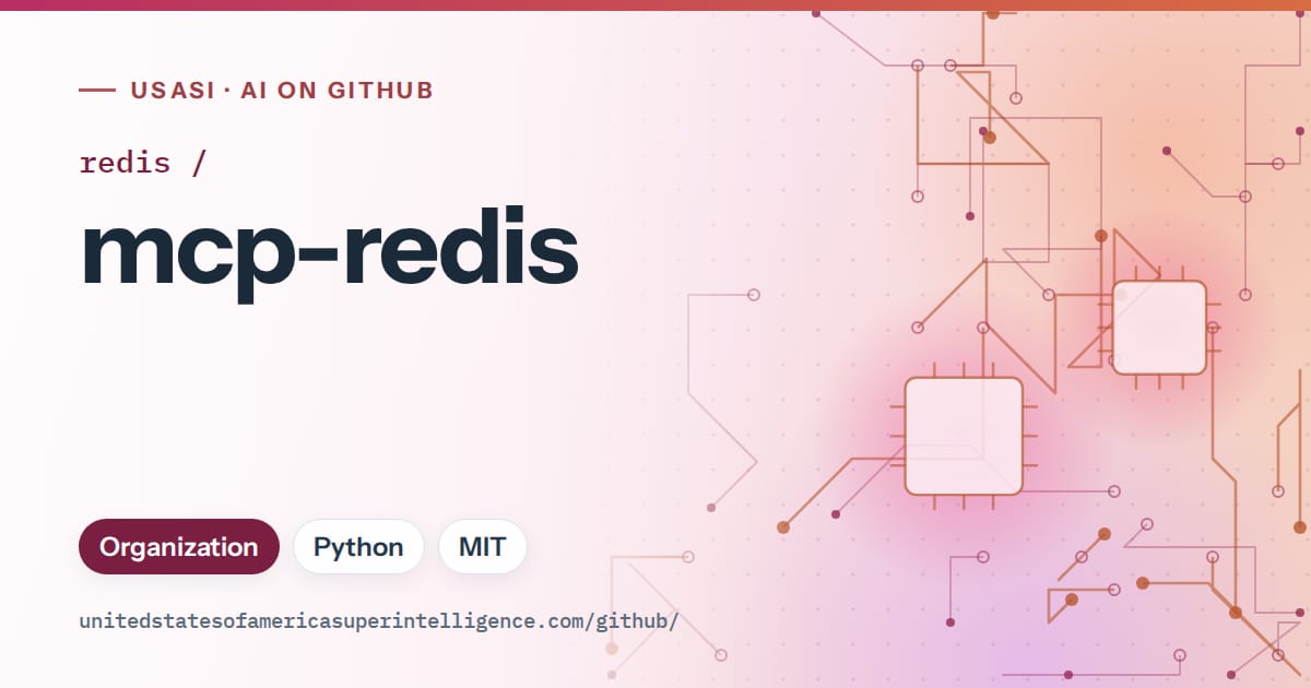 Generated pink circuit-trace artwork for redis/mcp-redis, labeled USASI · AI on GitHub, with Organization · Python · MIT.