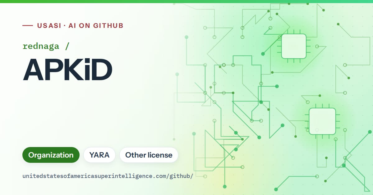 Generated green circuit-trace artwork for rednaga/APKiD, labeled USASI · AI on GitHub, with Organization · YARA · Other license.