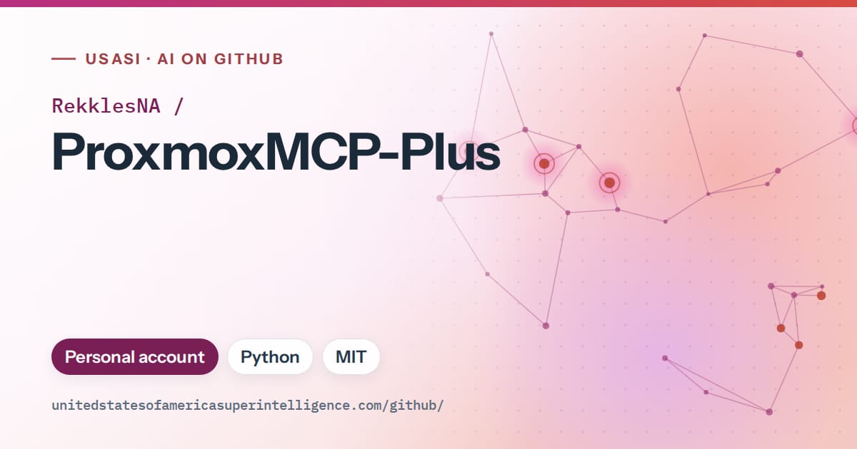 Generated pink constellation network artwork for RekklesNA/ProxmoxMCP-Plus, labeled USASI · AI on GitHub, with Personal account · Python · MIT.