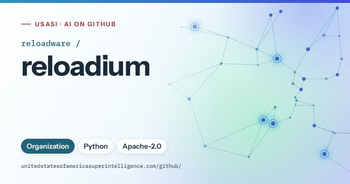 Generated sky blue constellation network artwork for reloadware/reloadium, labeled USASI · AI on GitHub, with Organization · Python · Apache-2.0.